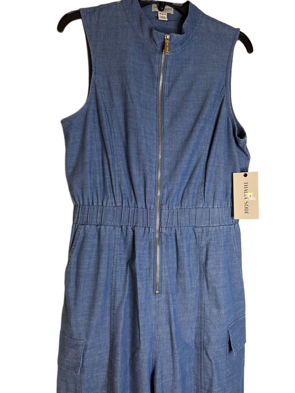 Thalia Sodi Sleeveless Blue Chambray Jumpsuit with Front Zip, NWT M - Picture 2 of 3